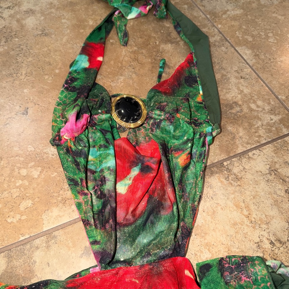 Backless Halter Floral Maxi Dress in Green & Red (no shorts underneath) - Picture 2 of 5